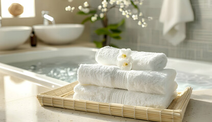 A stack of fluffy white towels sits on a wicker tray, next to a luxurious bathtub. The scene evokes relaxation and spa-like serenity.