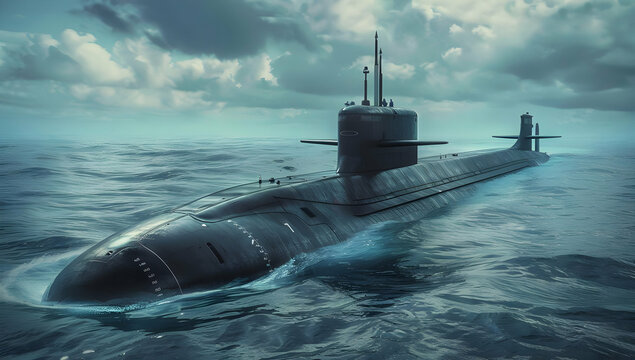 A stealthy submarine cuts through choppy waters, its silhouette disappearing into the stormy sky.