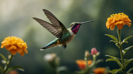 Fototapeta premium Vibrant Hummingbird Hovering by Orange Blossoms