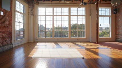 Fototapeta premium Sunlit Yoga Studio Interior with Wooden Floors, Generative AI