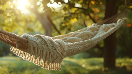 A handknitted wool blanket suspended in a hammock creating a dreamy and comforting atmosphere.