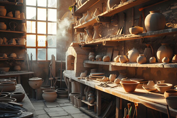 Serene Pottery Studio with Traditional Kiln and Shelves of Earthenware Pottery in Various Stages of Completion