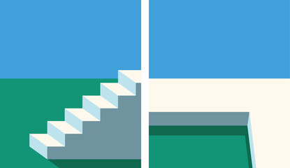 Two images of stairs and grass in the garden