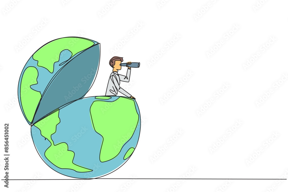 Poster single continuous line drawing businessman appears out of globe looking for something through binocu