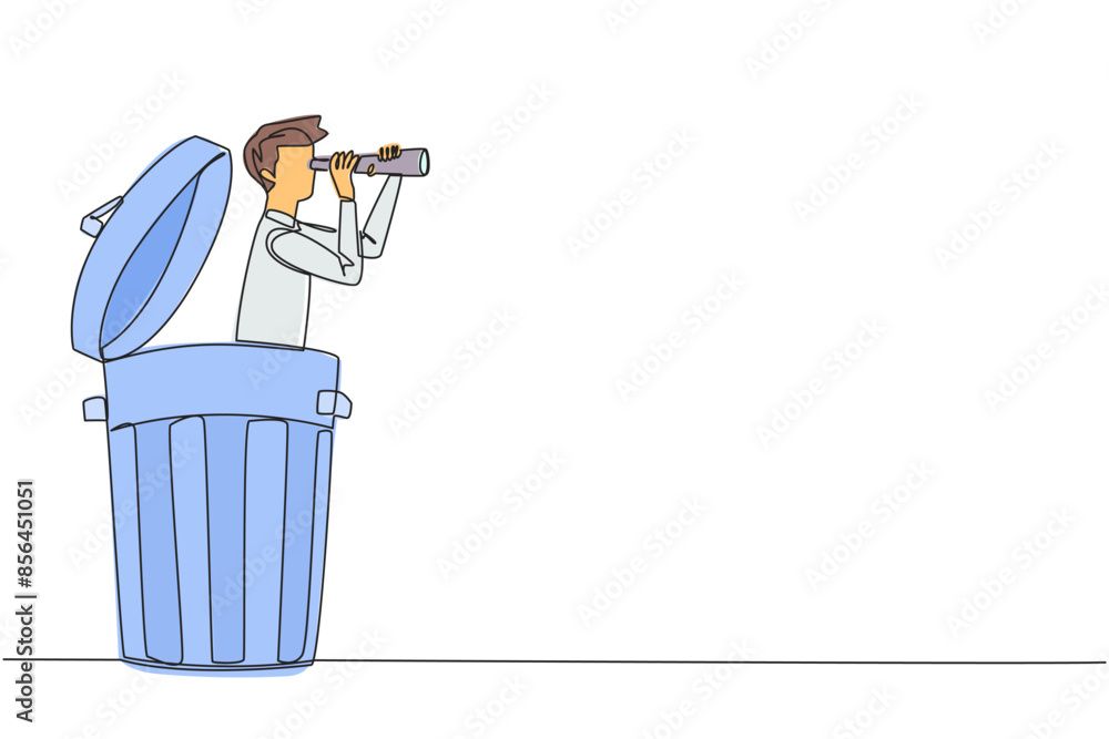 Poster single continuous line drawing businessman emerges from a trash can looking for something through bi