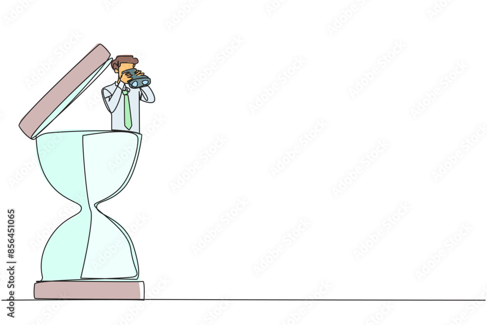 Poster continuous one line drawing businessman emerges from hourglass looking for something through binocul