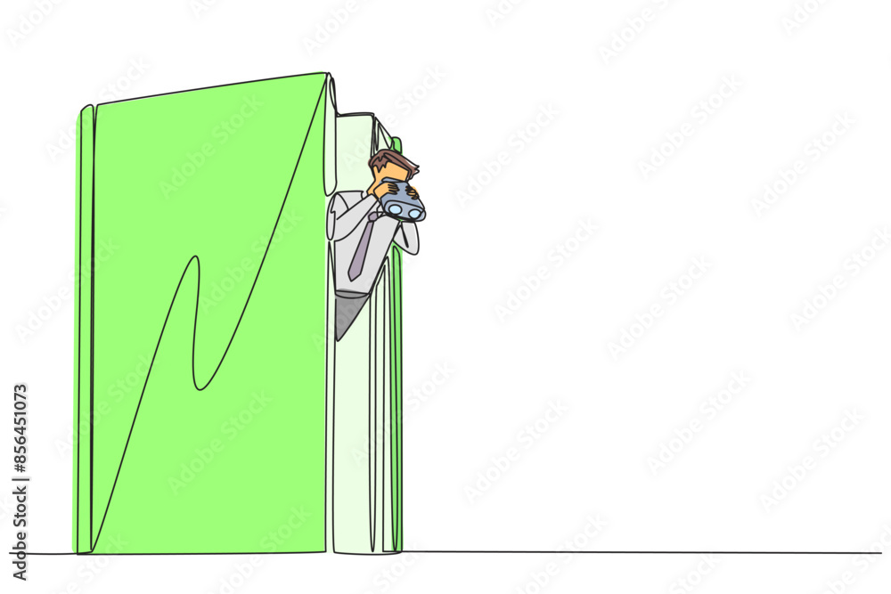 Aufkleber single continuous line drawing businessman appears out of old book look for something with binocular