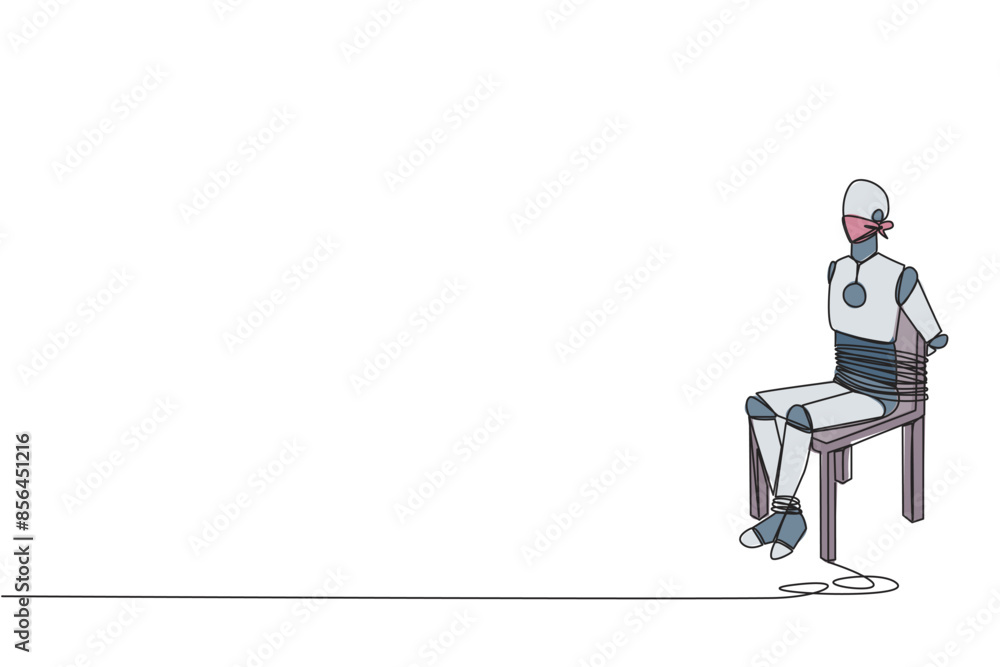 Poster continuous one line drawing the robot sits and helpless. used as material for advanced artificial in