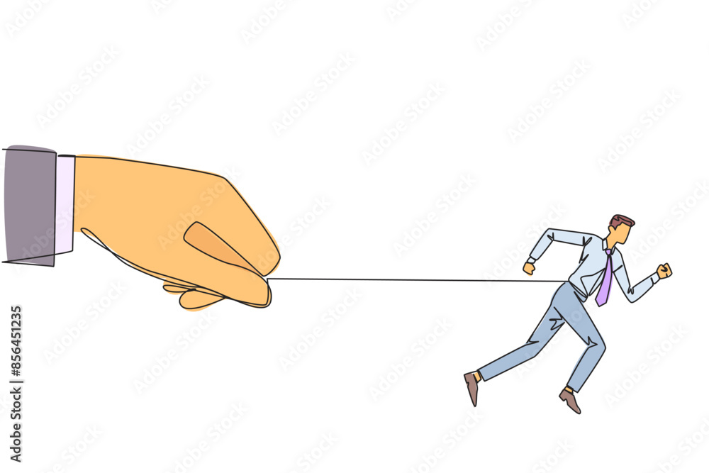 Poster single continuous line drawing businessman runs but stomach is tied. held and controlled by a big ha