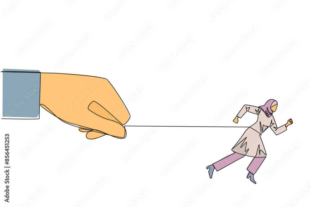 Poster continuous one line drawing arab businesswoman run but stomach is tied. running business but not abl