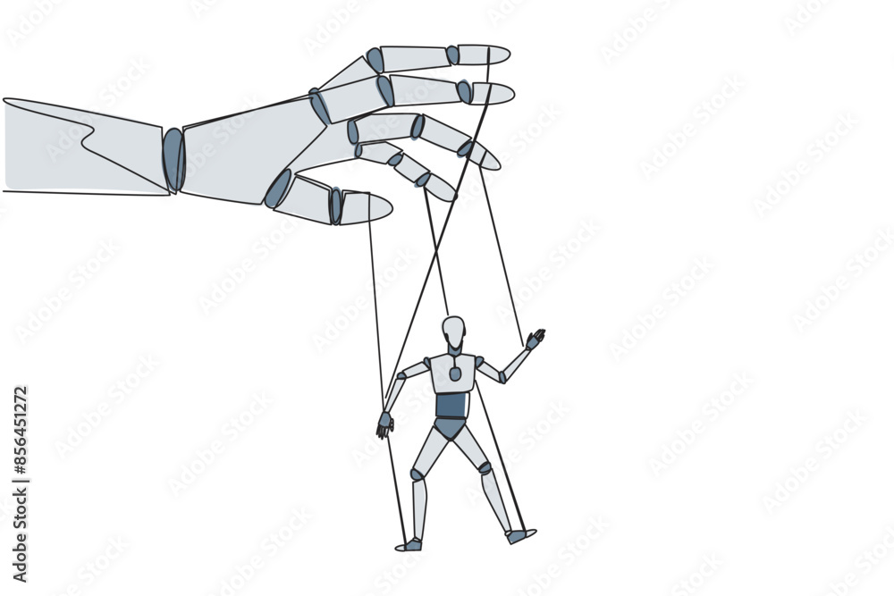 Poster single one line drawing the robot walks by being moved by ropes controlled by a giant hand above. do
