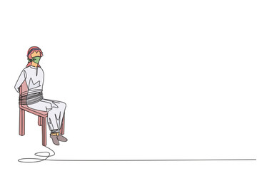 Single continuous line drawing Arabian businessman sitting and helpless. Kidnapping of the most successful entrepreneur. Asking for ransom and some assets. Hostage. One line design vector illustration