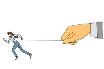 Continuous one line drawing businesswoman run but stomach is tied. Running business that is stuck with lot of debt. Business is difficult to make a profit. Single line draw design vector illustration