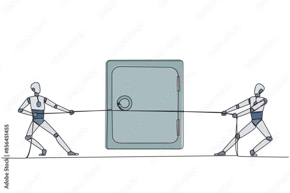 Poster single continuous line drawing two robots fighting over a safe deposit box. competition for the best
