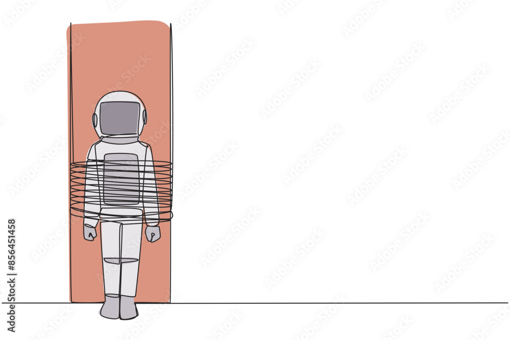 Poster single continuous line drawing astronaut stands, tied to big column. a fatal mistake has been made. 