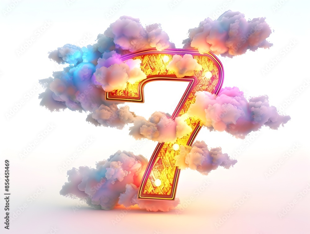 Poster 3d rendered glowing colorful number 7 shaped by clouds at dusk on isolated white background
