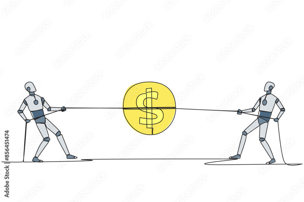 Poster single one line drawing two robots fighting over a coin with a dollar symbol. competition for the hi