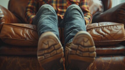 A person is sitting on a brown leather couch with their legs crossed. The person is wearing jeans and a plaid shirt - Powered by Adobe