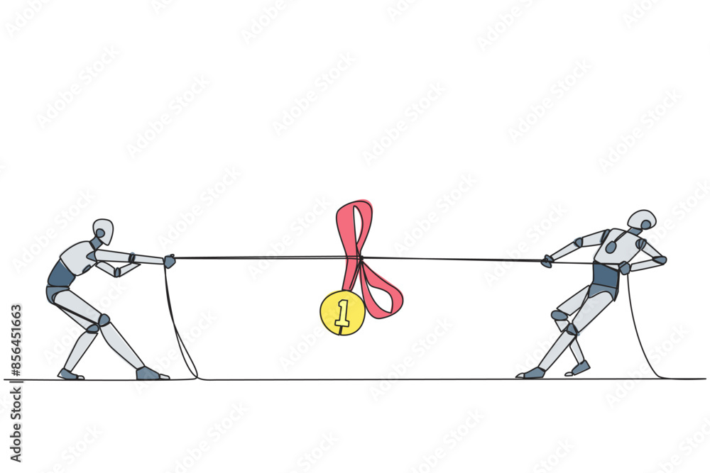 Poster single continuous line drawing two robots fighting for a medal award. fight with strength and intell