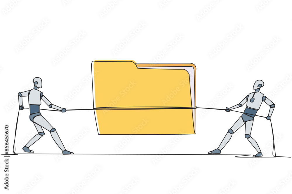 Poster continuous one line drawing two smart robots fighting over document folder. fierce battles to scan f