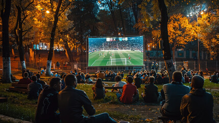 Crowds watching live soccer games on big screens in outdoor settings, enjoying the communal atmosphere and sports excitement.