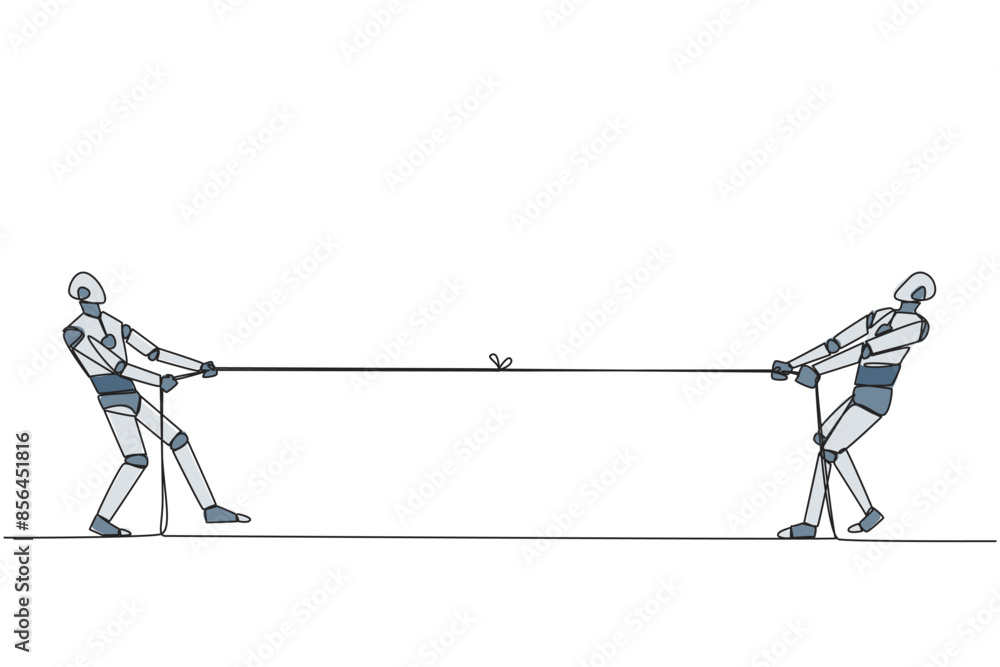 Poster single one line drawing two robots pulling each other's rope. train each other's intelligence levels