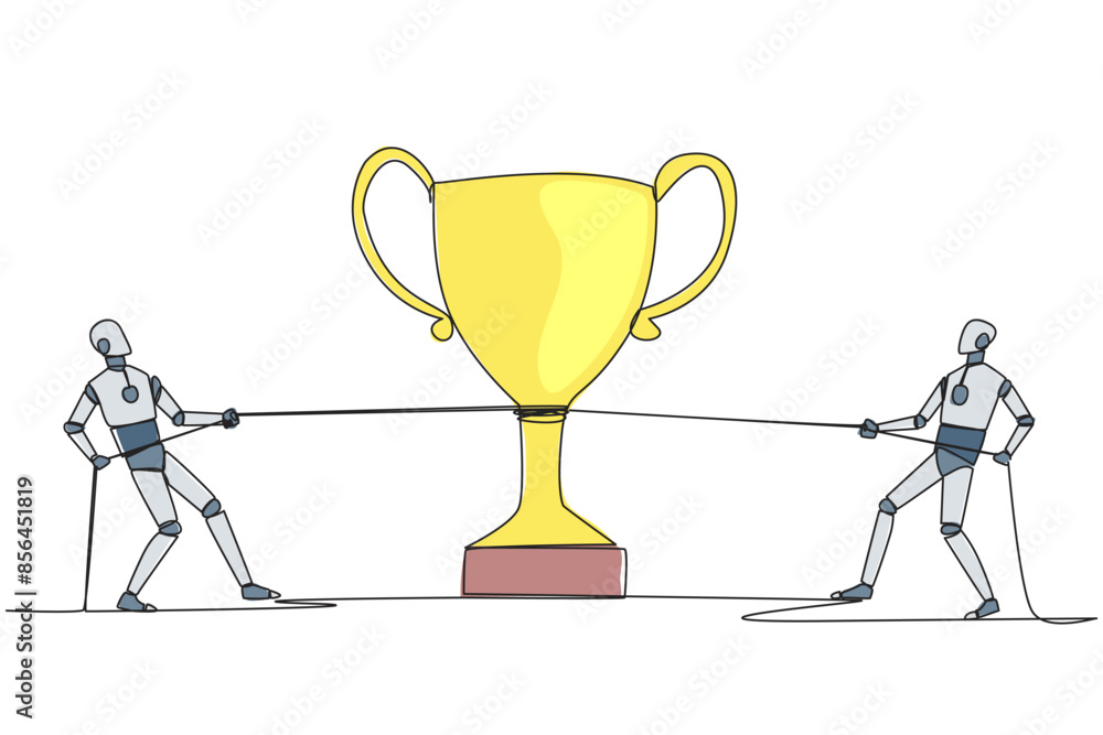 Poster continuous one line drawing two robots fighting for a trophy. artificial intelligence makes competit