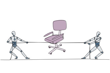 Single continuous line drawing two robots fighting over an office chair. Competition provides the best service for the boss. Training robot sensitivity. Technology. One line design vector illustration