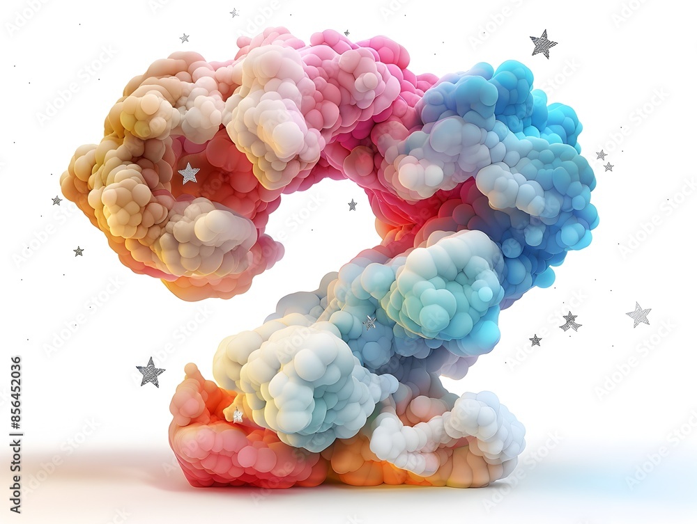 Poster colorful clouds forming the number 2 with starry backdrop in 3d rendering