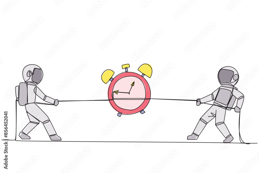Poster continuous one line drawing two astronauts fighting over an alarm clock. a fierce battle over the ce