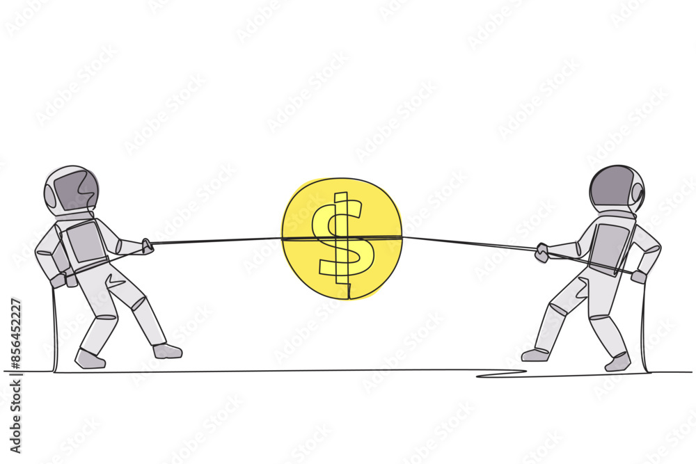 Poster single continuous line drawing two astronauts fighting over a coin with a dollar symbol. competition