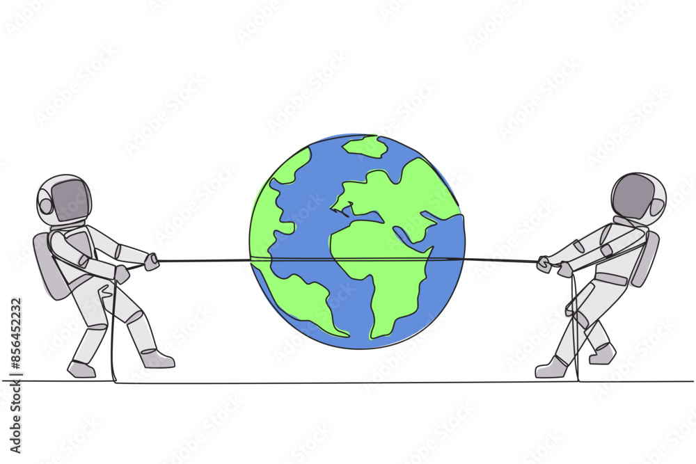 Poster single one line drawing two astronauts fighting over globe. tight competition won the schedule for t