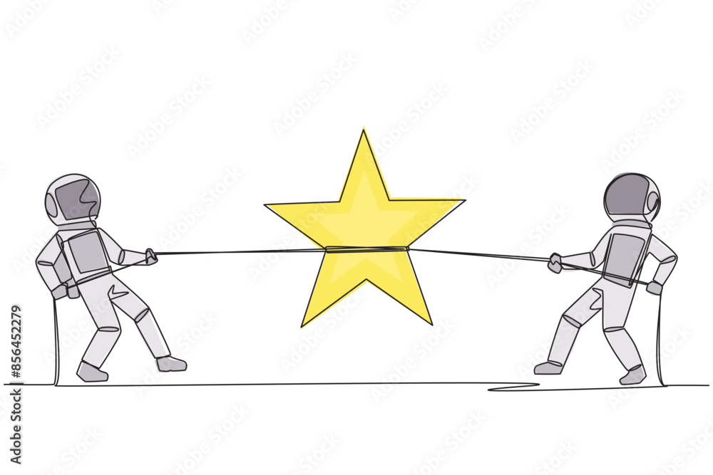 Poster single one line drawing two astronauts fighting for a star. competition for dreams. be the first in 