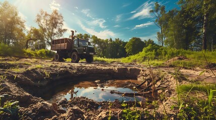 Old water pump truck extracts water from a hole in the ground at sunny summer day surrounded by a natural landscape with trees plants and soil Ultrawide angle : Generative AI