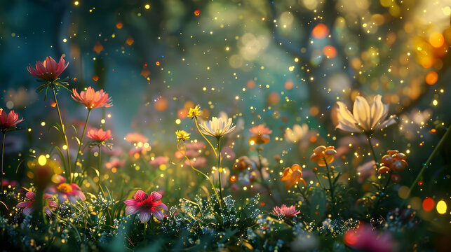 A magical garden with sparkling flowers