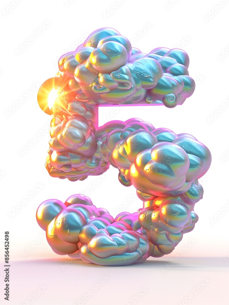 Poster dreamy iridescent clouds forming the number 5 with setting sun backdrop