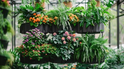 Vertical garden with ferns and flowers in hanging pots for home and office green decor
