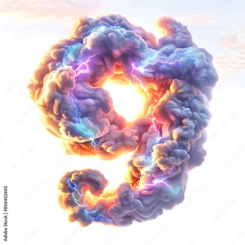 Poster electrifying chromatic clouds forming symbolic numeric shape in ethereal sky