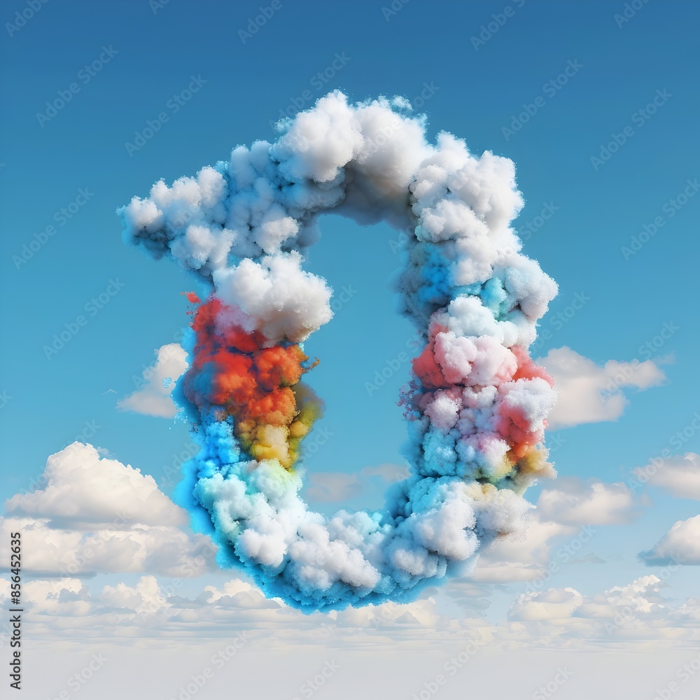 Poster ethereal 3d-rendered colorful cloud formation in the shape of the number zero