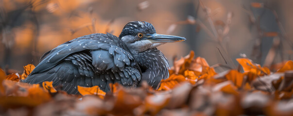 Obraz premium Majestic Heron Resting Amidst Autumn Leaves in Serene Woodland Setting, Capturing Tranquility and Natural Beauty in Cool Temperatures