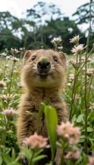 Obraz premium Adorable Quokka in a Field of Wildflowers Capturing Nature's Cutest Moments in a Vibrant Meadow with Lush Greenery and Blossoming Pink Flowers