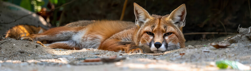 Fototapeta premium Captivating Image of a Resting Fox Capturing Peaceful and Serene Moment in Natural Habitat Amongst Lush Greenery and Earthy Tones, Exemplifying Wildlife Beauty and Calmness