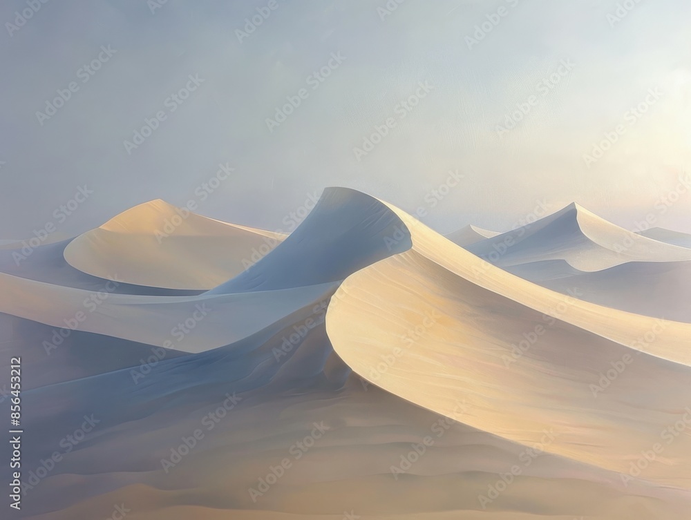 Poster sweeping sand dunes undulate under soft light, creating smooth curves and shadows. the serene, ether
