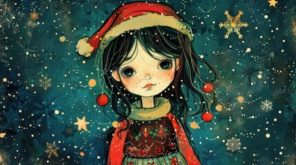 A whimsical illustration featuring a charming girl dressed in a festive Christmas costume