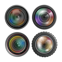 Set of Realistic camera lens with reflections collection isolated on white background, Camera photo lens, Vector 3d professional photo video equipment macro device. Optical digital focus, zoom symbol.