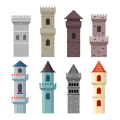 Set of old castle towers collection, Medieval castle towers, magic fantasy fortress, Castle brick tower isolated turret fortress with rampart window, medieval fort, chess tower vector illustration. © vesvocrea