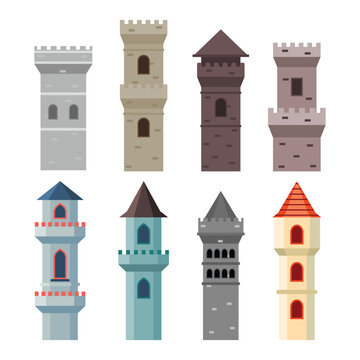 Set of old castle towers collection, Medieval castle towers, magic fantasy fortress, Castle brick tower isolated turret fortress with rampart window, medieval fort, chess tower vector illustration.