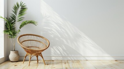 Rattan chair in interior with white wall