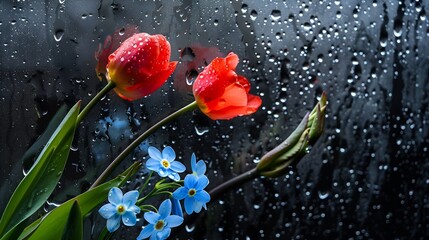 Forgetmenot and tulip flowers with rtha rain water drops in spring : Generative AI