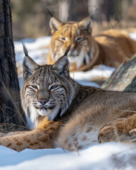 Obraz premium Majestic Lynxes Resting Together in Snowy Forest, Wild Cats in Their Natural Habitat, Serene Winter Scene, Wildlife Photography Capturing the Beauty and Grace of Elusive Predators